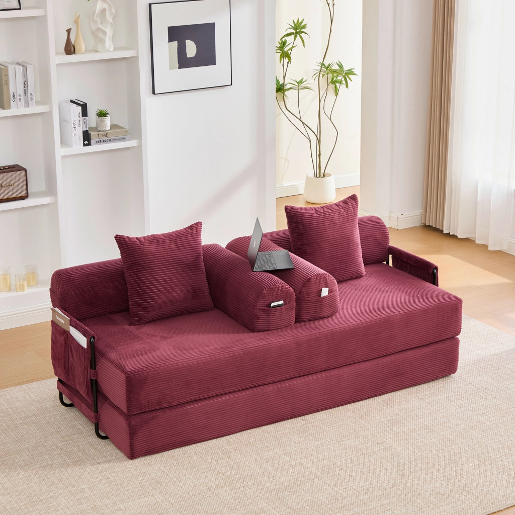 Divano modulare in velluto a coste rosso vino con 3 cuscini; 200x94x67 cm