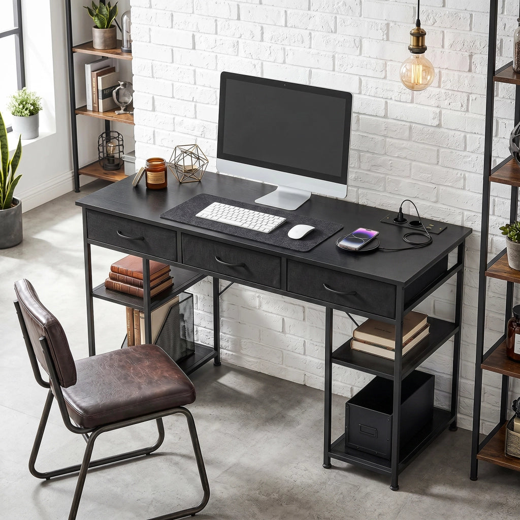 Scrivania con cassetti e ripiani ¨C Xylo ¨C 3 cassetti in tessuto, 4 ripiani, prese elettriche, 120x40x76 cm, nero