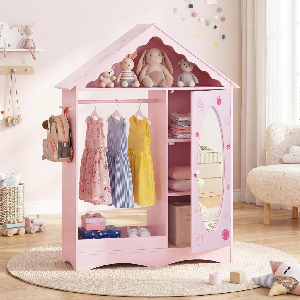 Armadio con Specchio per Bambini, Guardaroba Coperto con Appendiabiti Aperto, Scaffali e Ganci, Armadio e Organizzatore di Costumi per Camera da Letto e Stanza dei Giochi (Rosa)