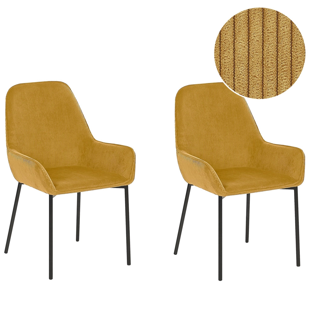 Set di 2 sedie per sala da pranzo Seduta imbottita in tessuto di velluto a coste giallo Gambe in metallo Nero Stile moderno