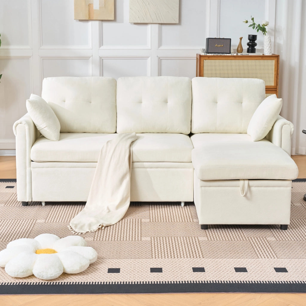 Divano angolare convertibile con letto, contenitore e chaiselongue reversibile con tasche laterali in chenille beige