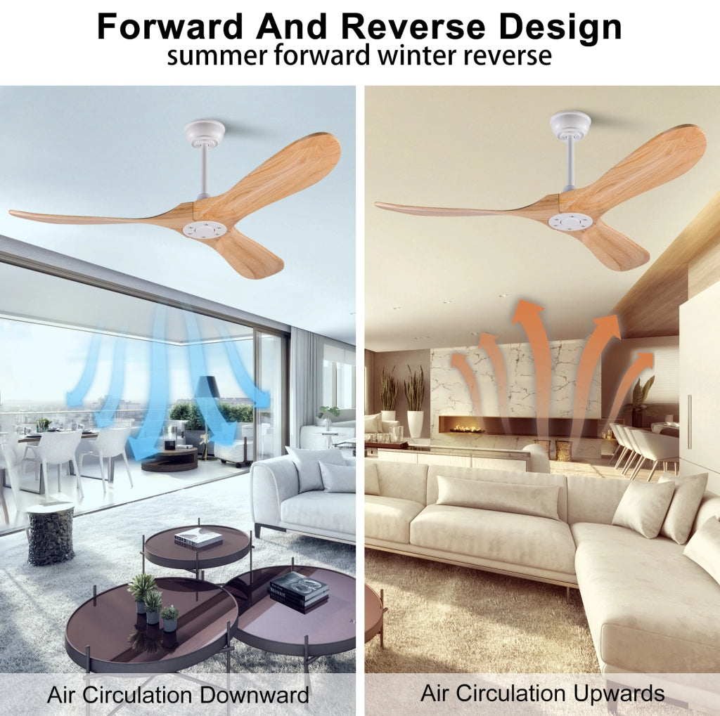 Ventilatore da soffitto a pale in legno con telecomando; motore DC reversibile; bianco e naturale