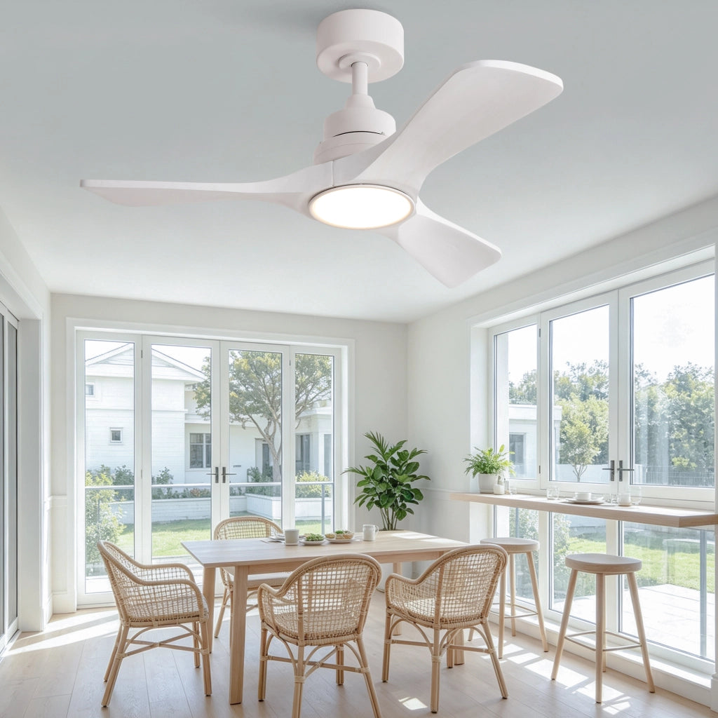 Ventilatore da soffitto bianco puro 36 pollici, 3 pale ad elica rinforzate in legno massello, motore DC reversibile silenzioso, design moderno