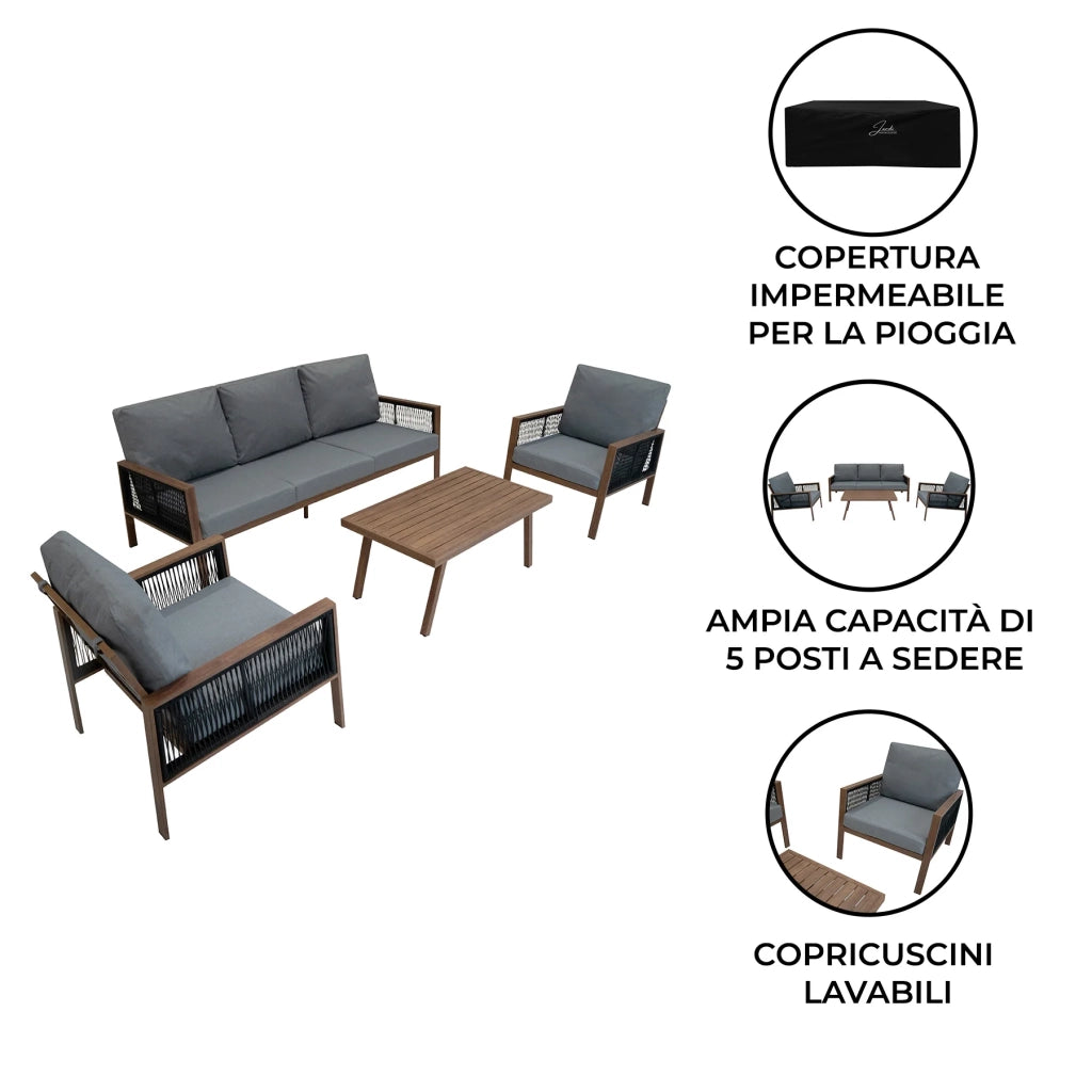 Set Mobili da Esterno 4 Pezzi in Alluminio Divano Tavolino Poltrone Effetto Legno