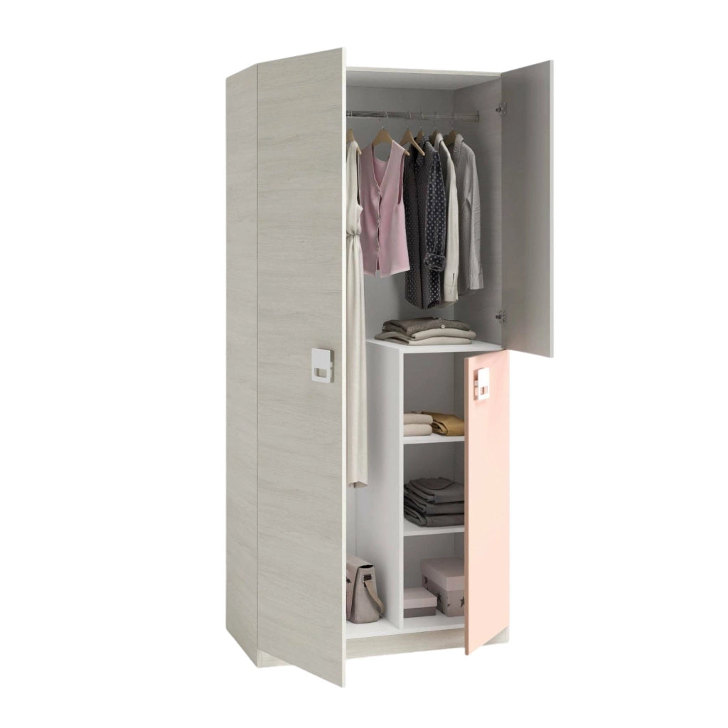 Guardaroba Aronia, Armadio per cameretta, Mobile a 3 ante e 3 ripiani con barra appendiabiti, cm 90x52h200, Grigio e Rosa