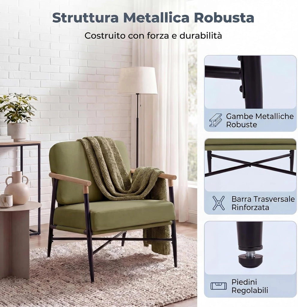Poltrona Salotto Imbottita, Sedia da Lettura, Relax, Poltroncina con Braccioli, Schienale e Cuscini, per Soggiorno, Camera da Letto, Sala Attesa, Moderno e Comodo, 67 X 73 X 88 CM (Verde)