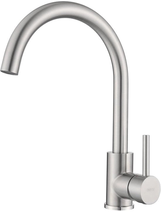 Hogedruk kraan in acciaio inossidabile lavorato a martello, con 360° rotazione del getto e maniglione unico per cucina, materiale mat.