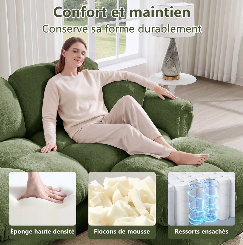 Divano a 3 posti verde in tessuto Chenille con cuscini decorativi, design trapuntato e schienale ergonomico