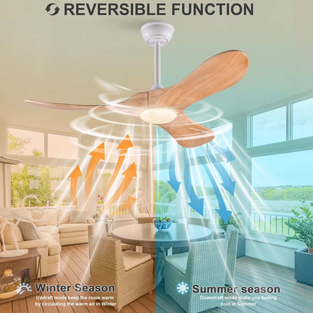 Ventilatore da soffitto 42 pollici con illuminazione e telecomando, 3 pale legno massello naturale, 3CCT dimmerabile, reversibile, 6 vel, timer