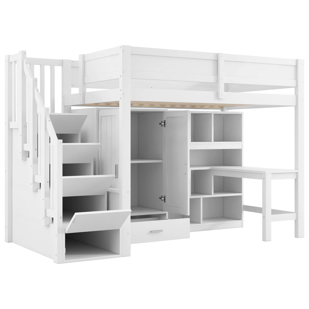 Letto a castello bianco con scrivania regolabile funzione LED e stoccaggi 90x200cm