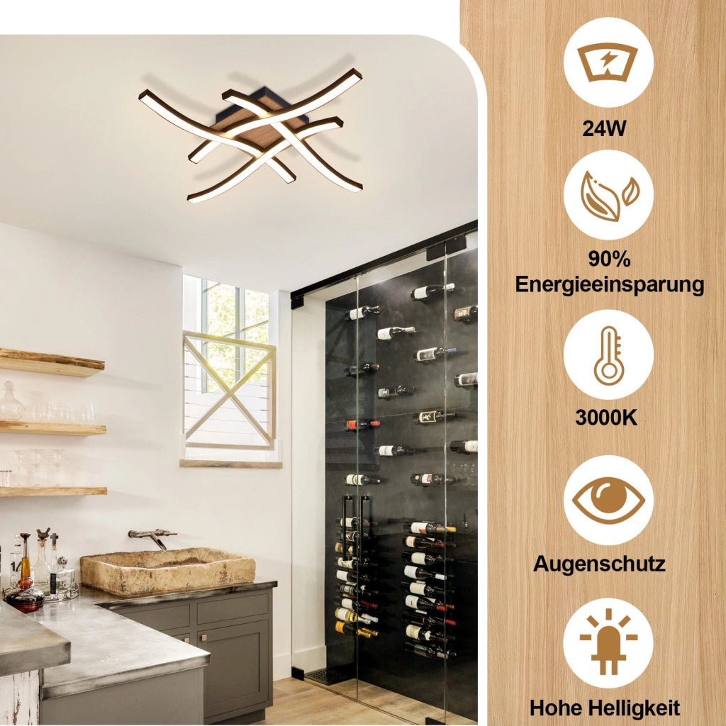ZMH Lampada da soffitto plafoniera LED legno nero design onda bianco caldo moderna per soggiorno