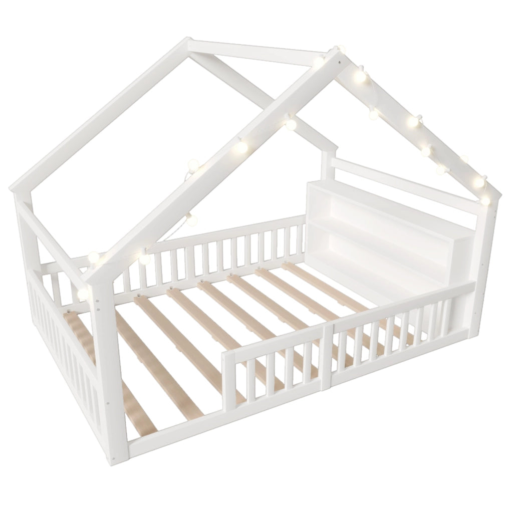 Letto per bambini a casetta 140x190 cm con sponde e scaffali laterali