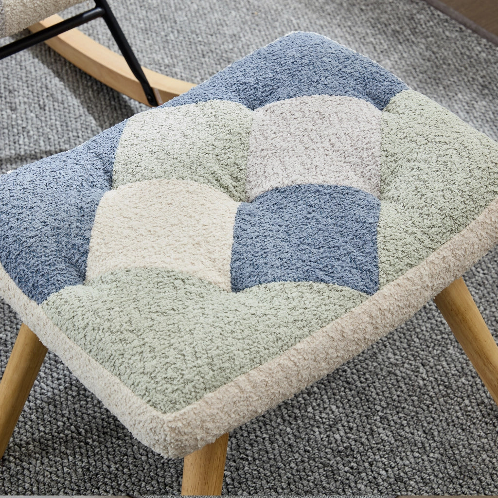Sedia a Dondolo con Poggiapiedi Poltrona Relax Moderna in Tessuto Patchwork Beige e Blu