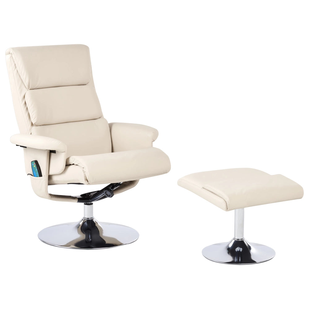 Poltrona reclinabile beige chiaro con poggiapiedi struttura in metallo imbottita in ecopelle funzione massaggio riscaldata design retrò