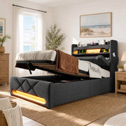 Letto singolo 90x200 cm con contenitore, LED 360¡ã, testiera con USB e Type C, grigio