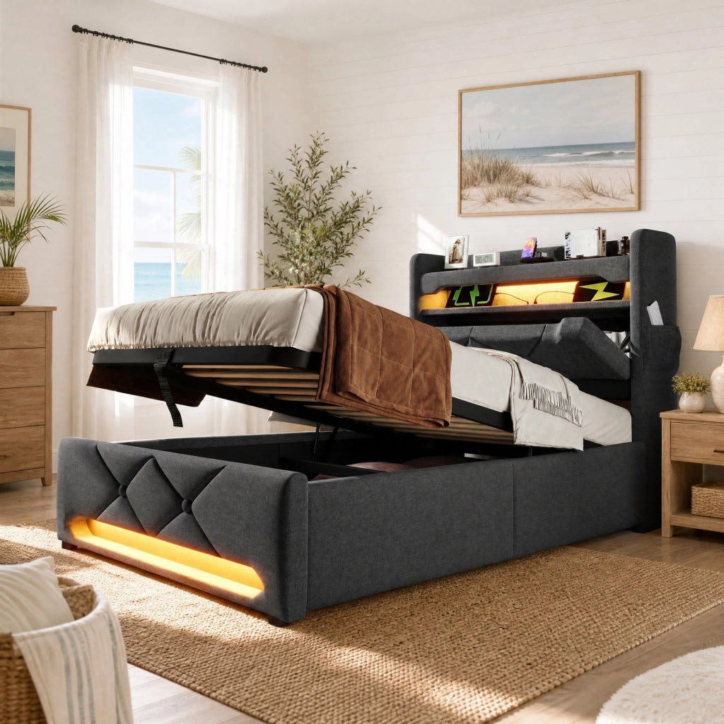 Letto singolo 90x200 cm con contenitore, LED 360¡ã, testiera con USB e Type C, grigio