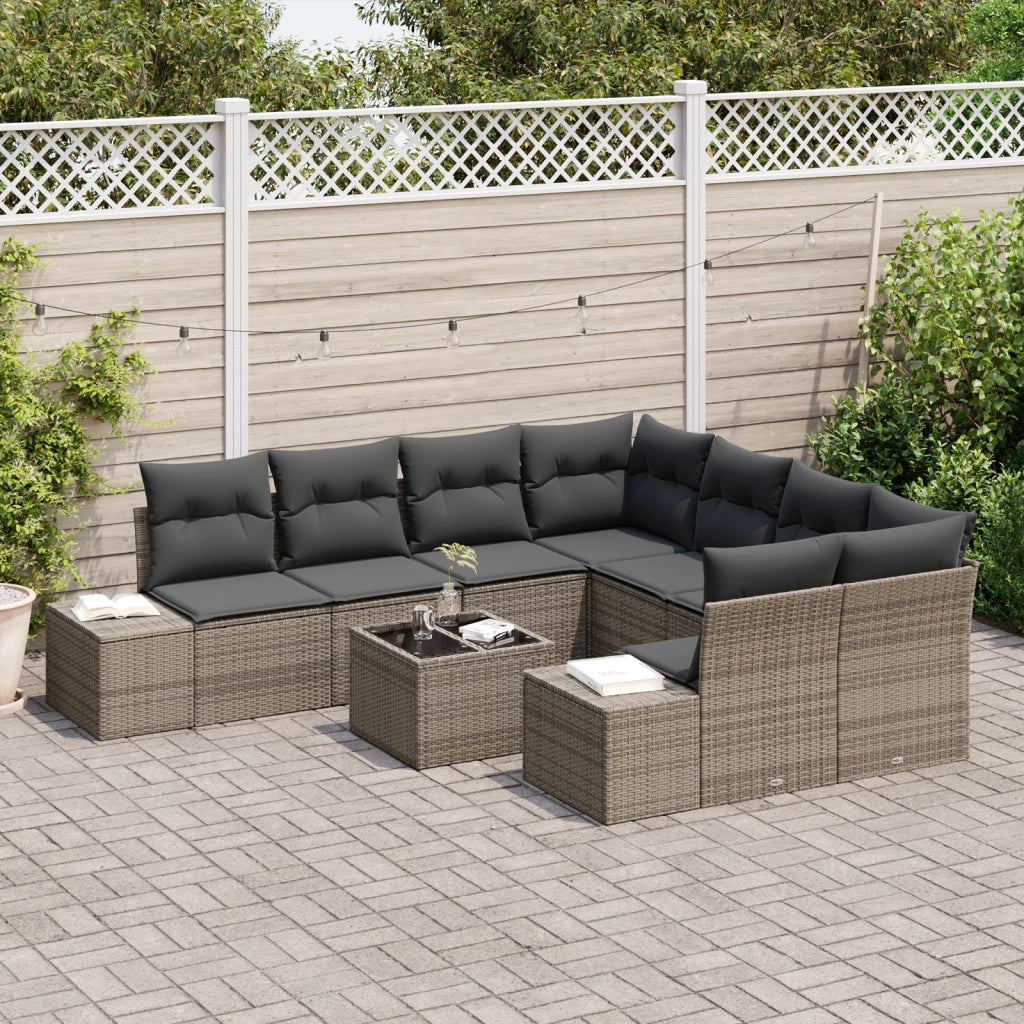 Set Divano da Giardino da 9 Pezzi con Cuscini Grigio Polyrattan