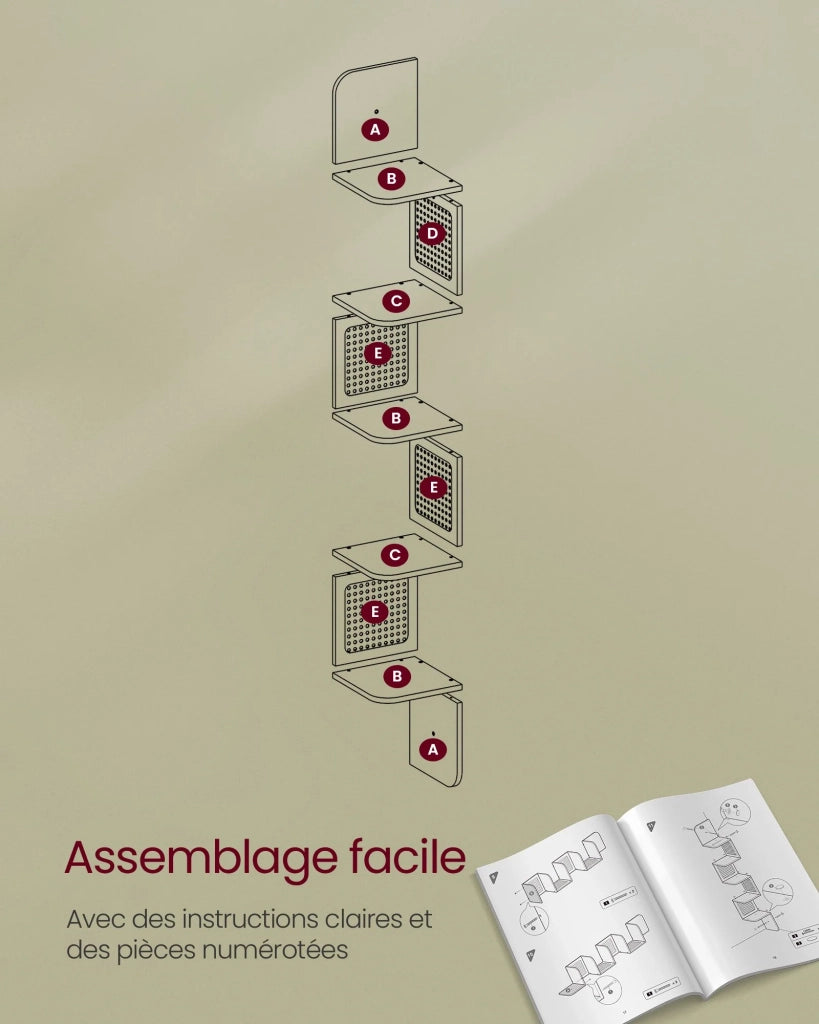 Mensola angolare a 5 ripiani mensola da parete galleggiante mensola angolare a zigzag lati in rattan PVC salvaspazio per cucina camera da letto soggiorno stile nero 12_0005639