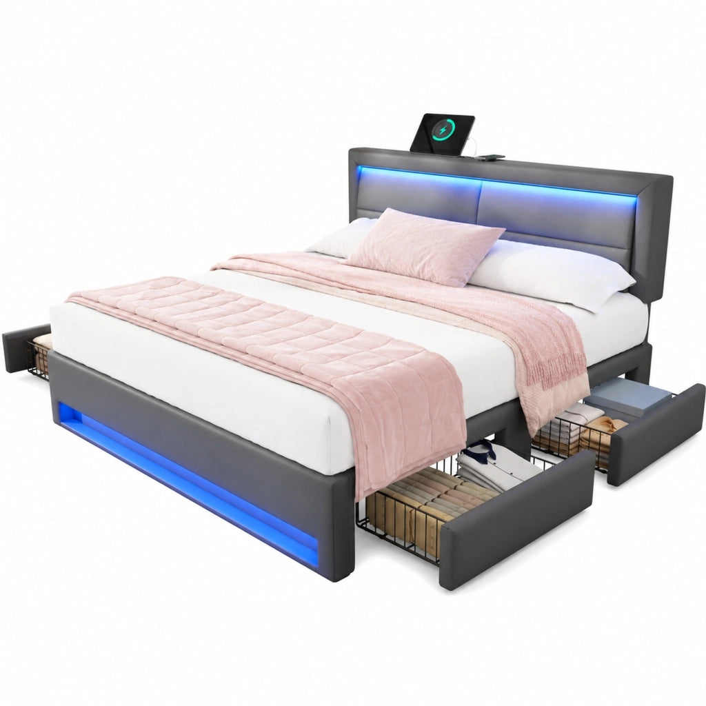 Letto imbottito 140x200 cm in PU grigio con USB; LED e 4 cassetti