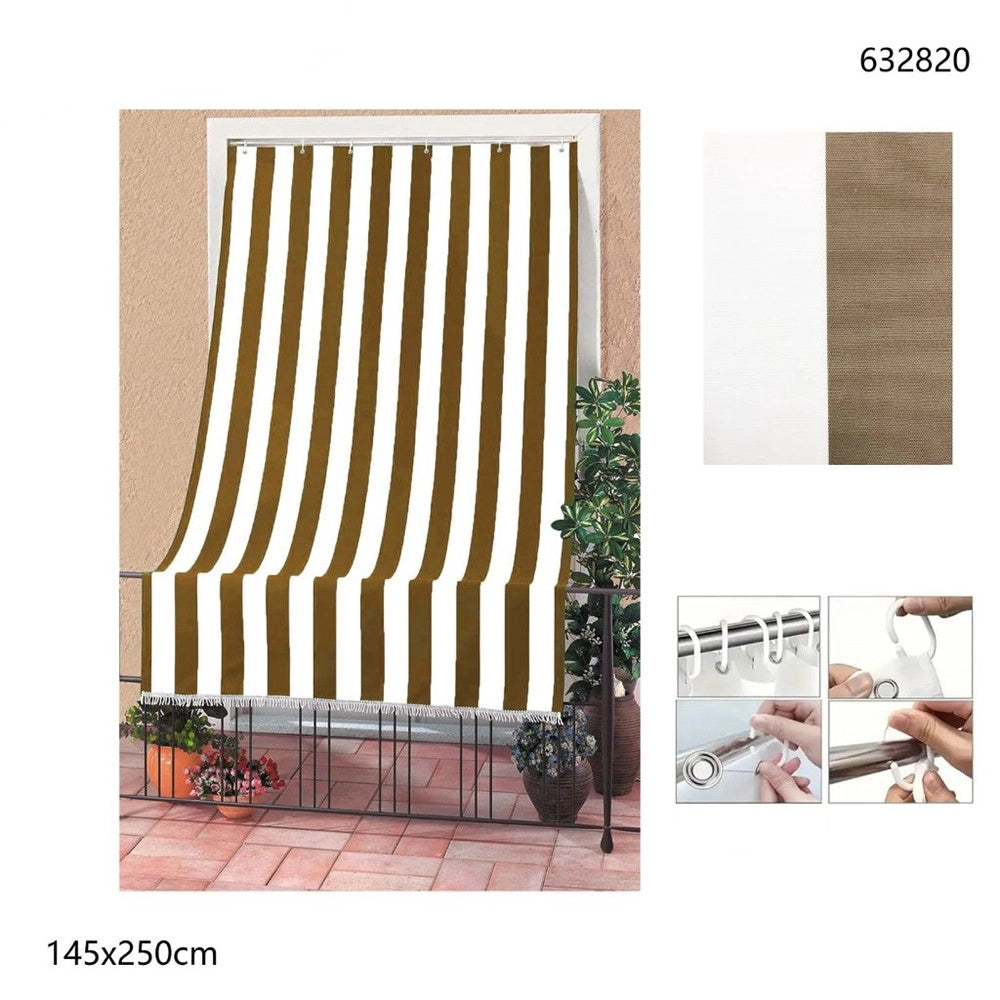 Trade Shop - Tenda Da Sole A Righe Con Anelli Per Porta Esterno Balcone Veranda Giardino 145x250cm - Marrone