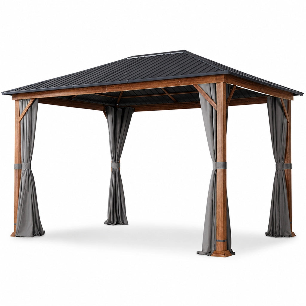 Gazebo Per Giardino 3x4 Metri Con Struttura Effetto Legno Tetto In Acciaio Zincato E Tende Laterali Impermeabili Adatto A Patio Terrazza E Outdoor 300 x 400 x 295 Cm Effetto Legno E Grigio