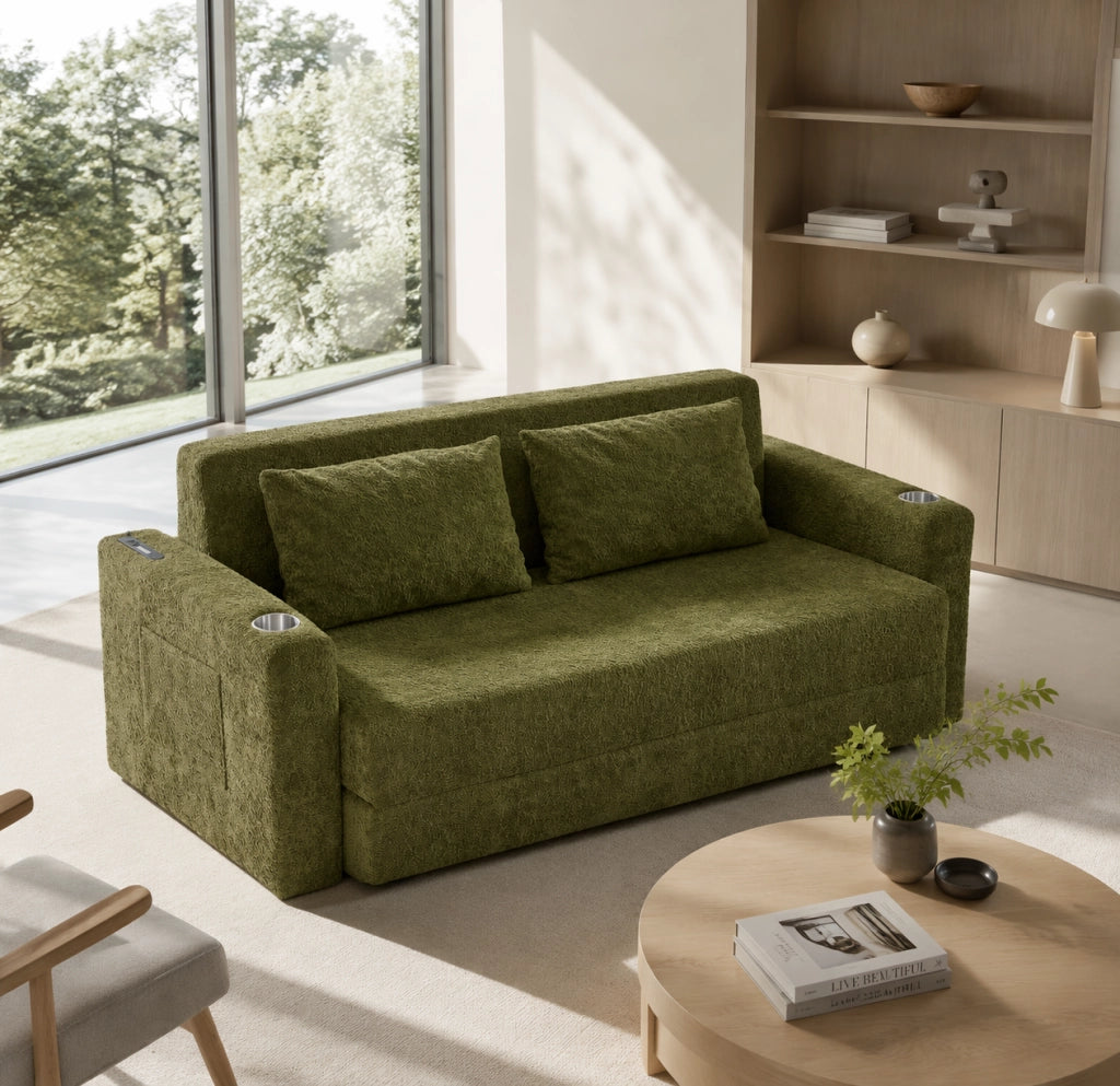 Divano letto pieghevole 2 posti 2 in 1 con USB; portabevande e tasche laterali; verde
