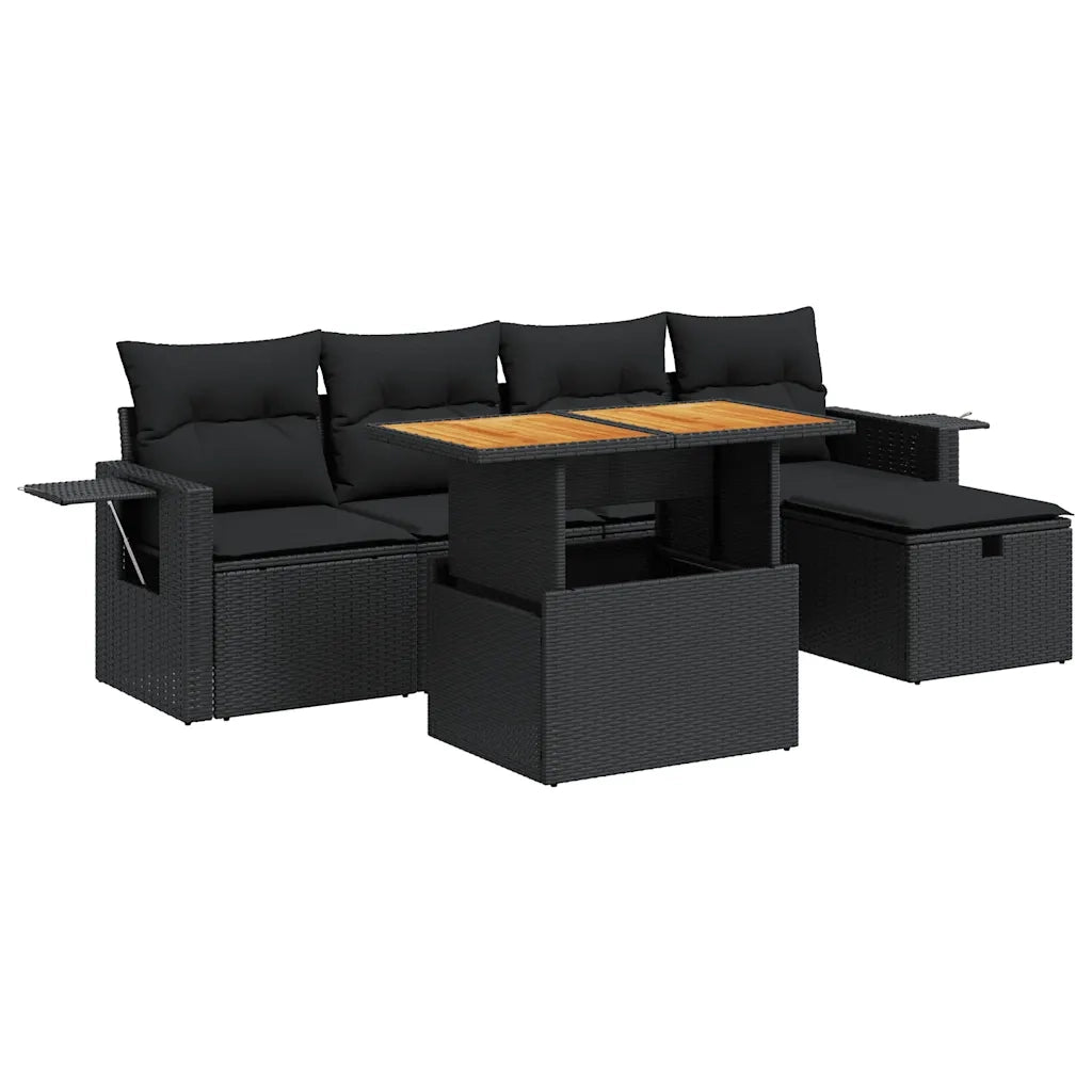 vidaXL Set Divano da Giardino 6 pz con Cuscini Nero Polyrattan Acacia