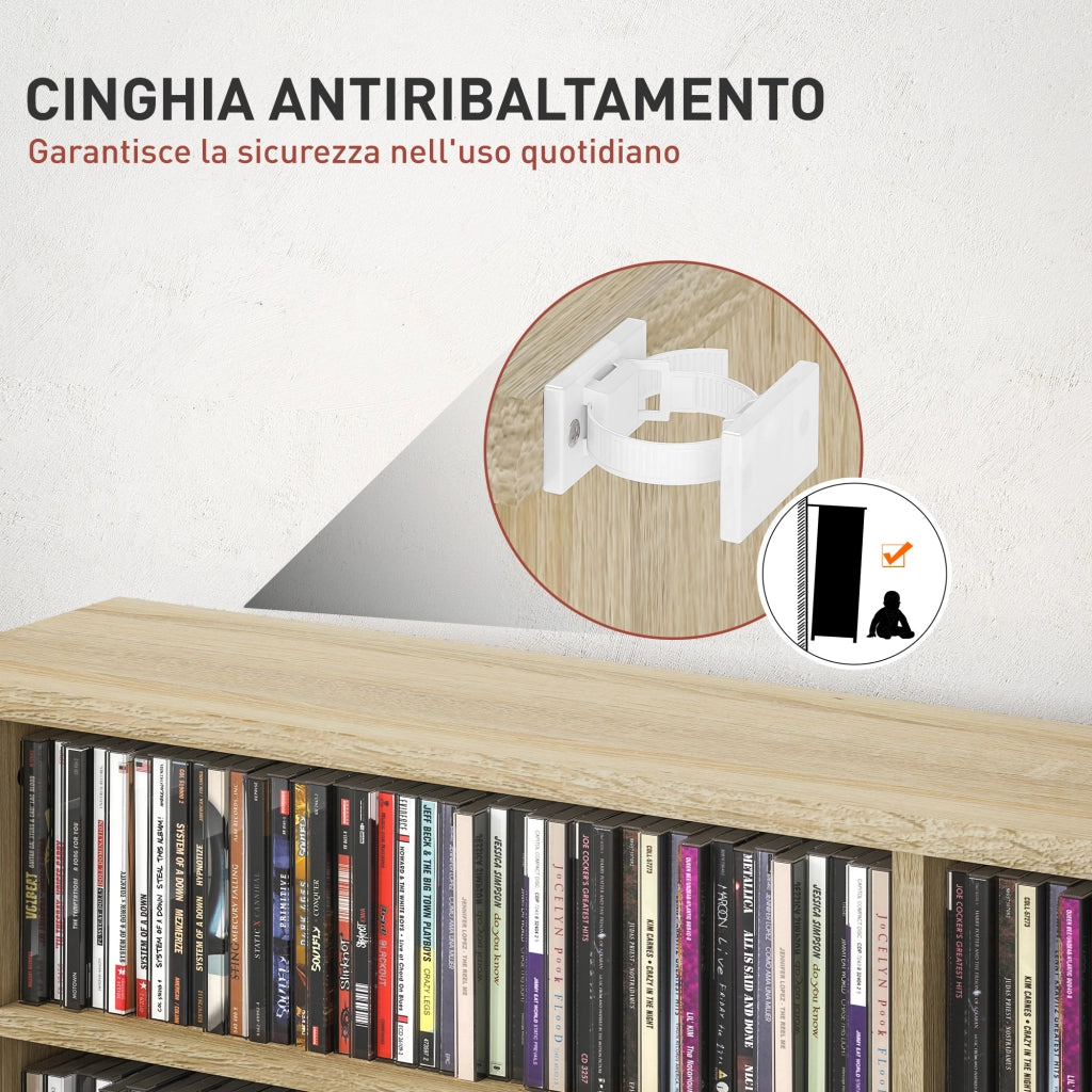 Mobile Libreria porta CD a 16 Ripiani dal Design Moderno in Legno. 106.5x24x126.3 cm. Naturale