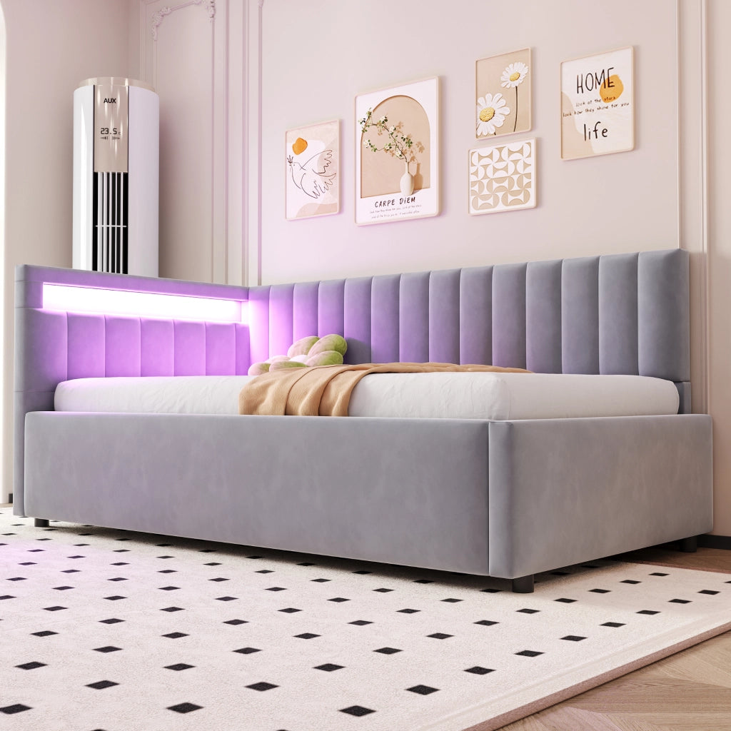 Letto imbottito 90x200 cm con LED, contenitore idraulico, tessuto effetto velluto, grigio chiaro