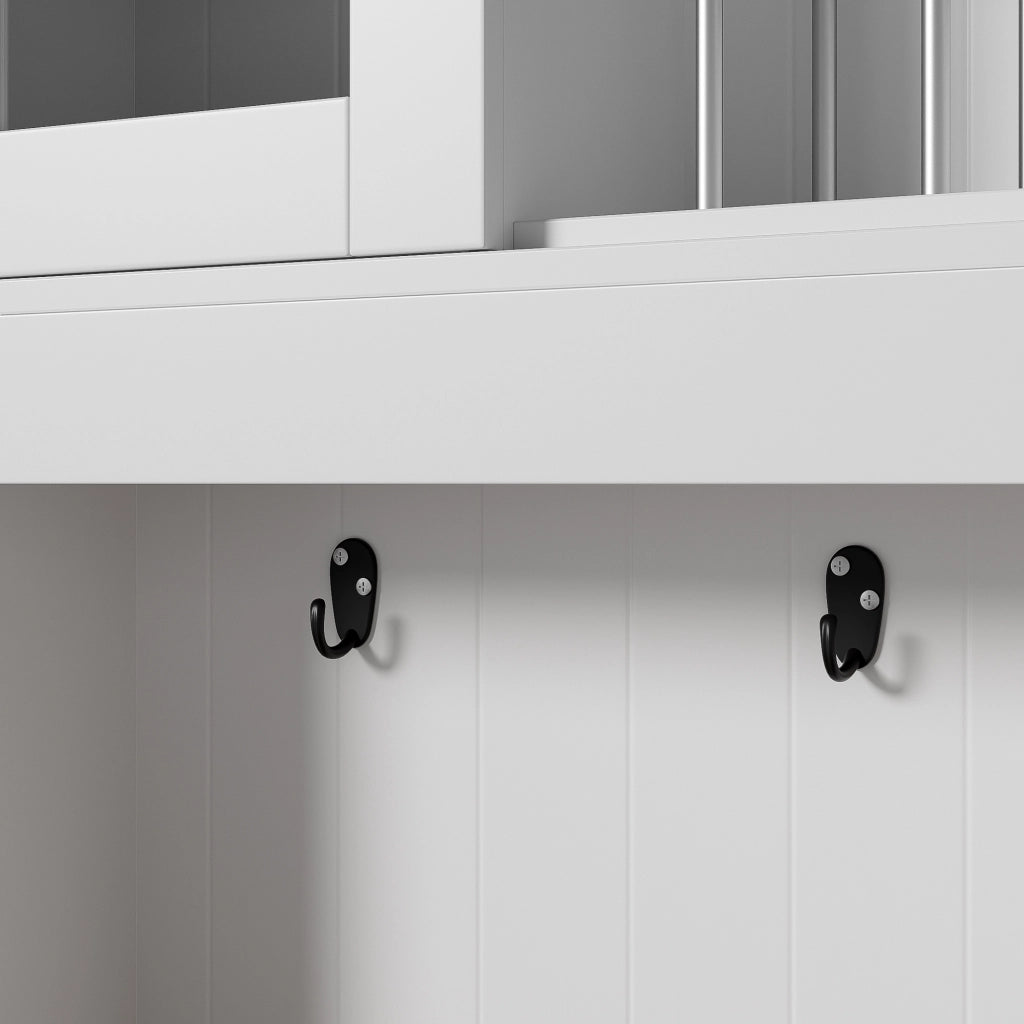 Credenza cucina con vetrina, 2 cassetti e ganci, bianco e naturale, 106x39x176,5 cm
