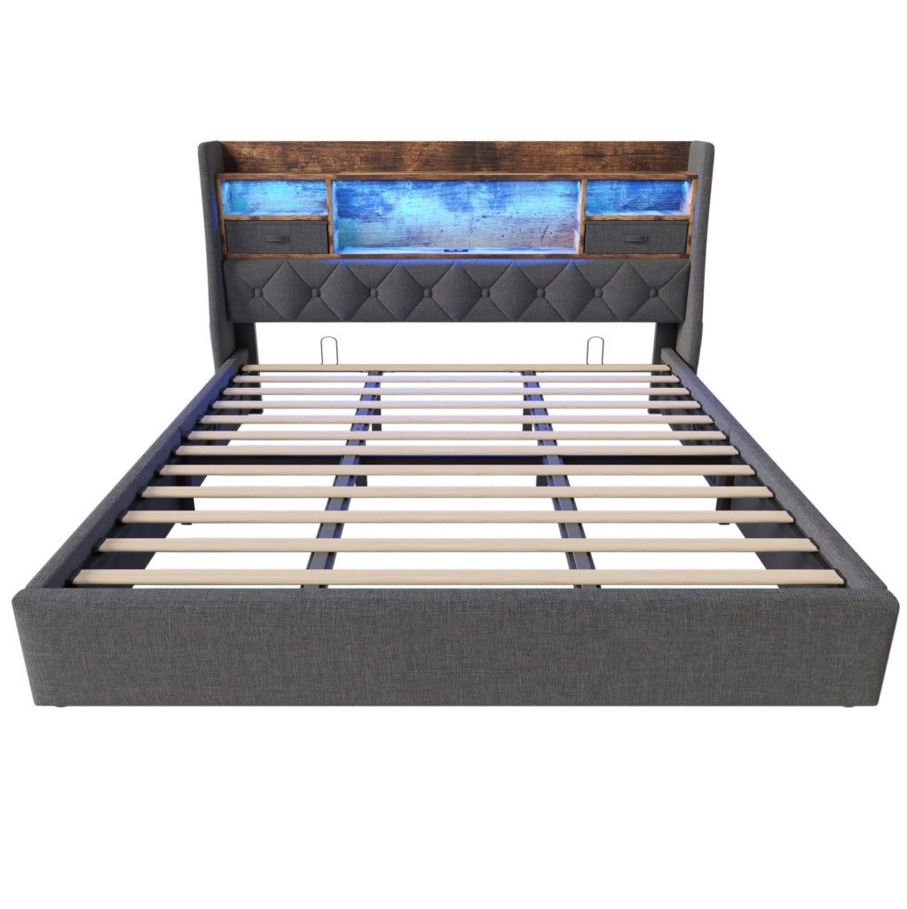 Letto matrimoniale imbottito ULEVR 180x200 cm con contenitore idraulico, LED e 3 USB + Type-C, lino grigio