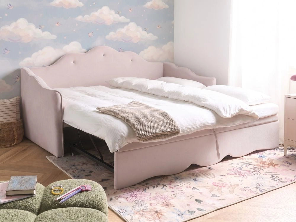 Letto singolo con secondo letto a scomparsa velluto rosa chiaro 90 x 180/200 cm camera da letto cameretta