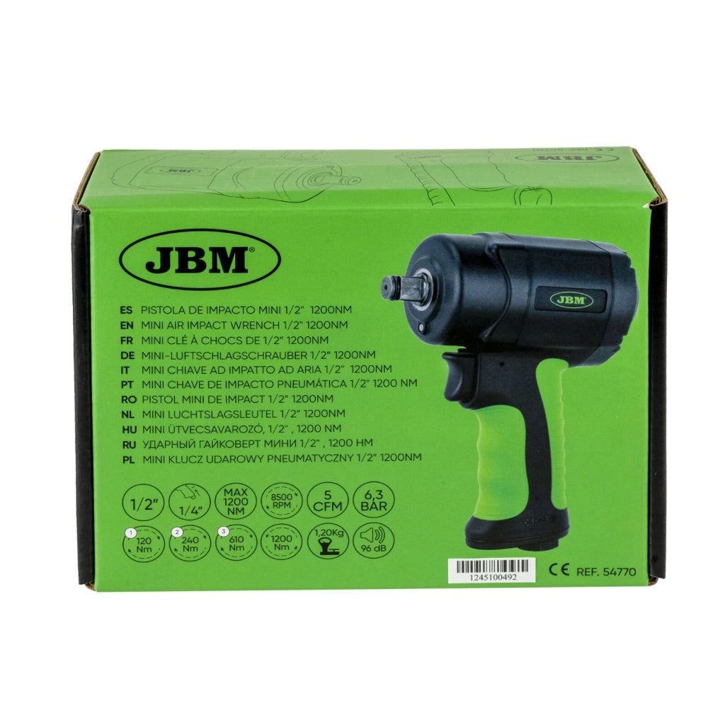Pistola Pneumatica Compatta 1/2" a Impulso 1200Nm Utensile Professionale per Officina Auto e Moto Potente Leggera Affidabile JBM 54770