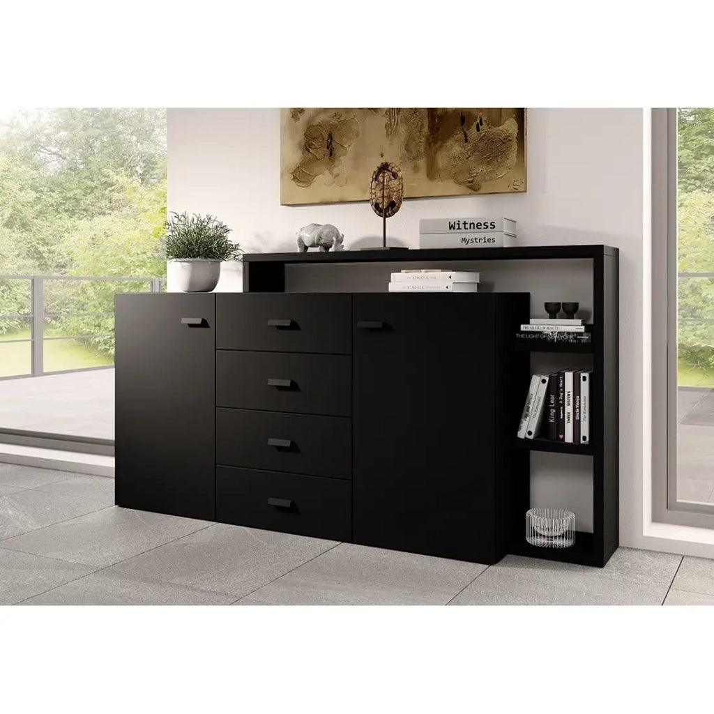 Credenza con scaffale integrato collezione BERGAMO 180cm. Colore nero super opaco.