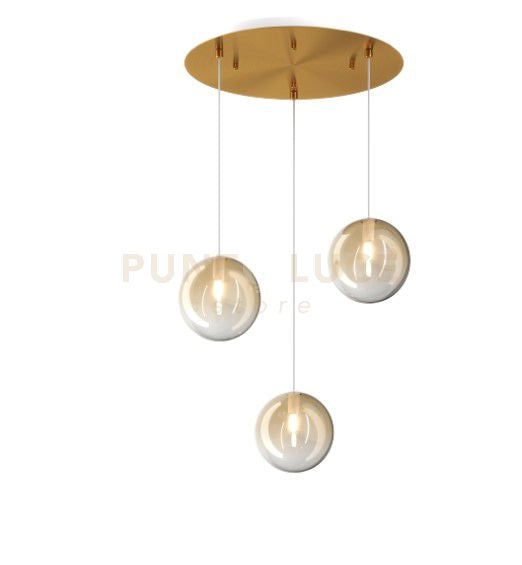 SOSPENSIONE OTTONE SAT. 3 LUCI TONDA VETRI AMBRA 1184OS-S3 T-AM