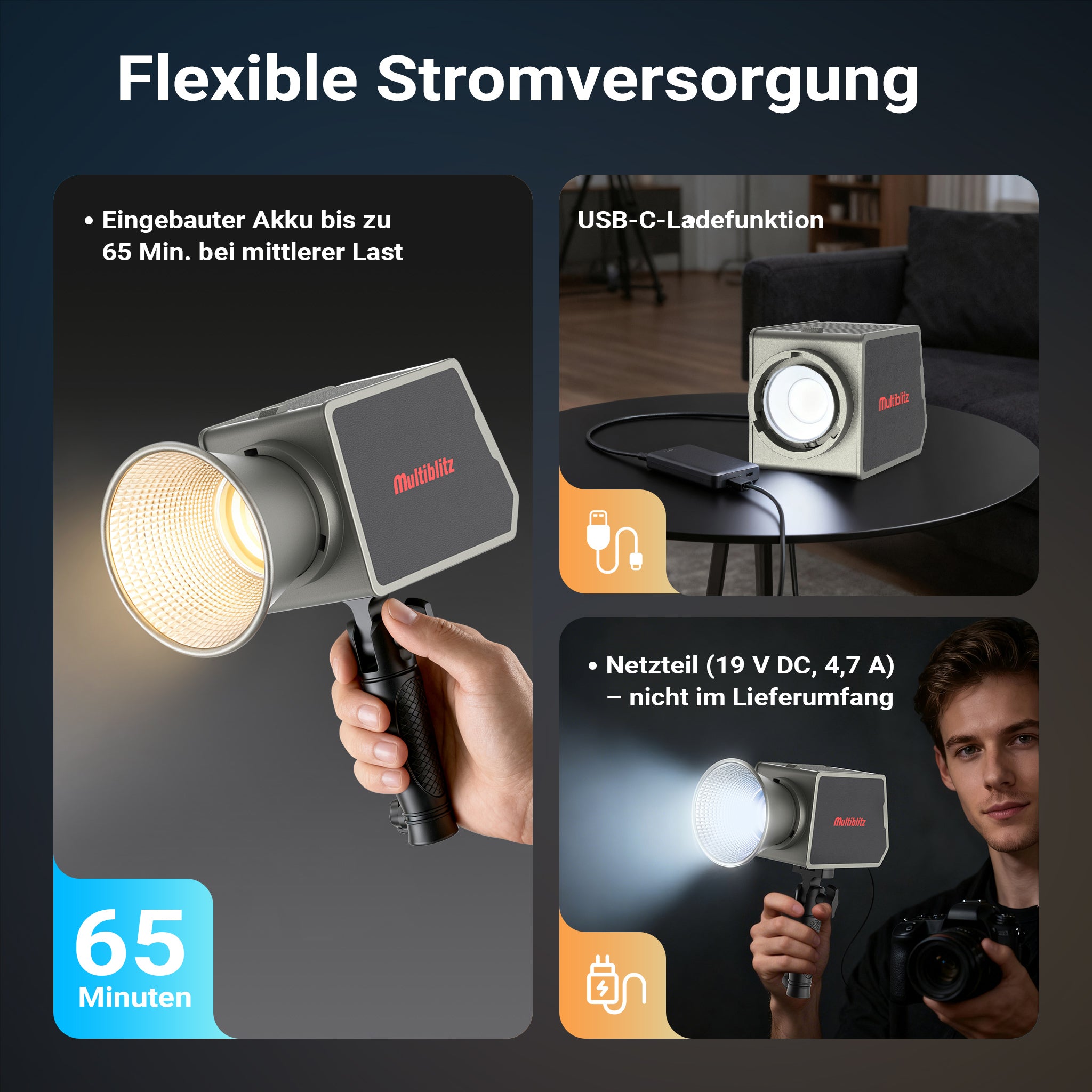 Multiblitz MB-PL Luce led portatile per fotografia 100W, Bicolore con temperatura da 2700K a 6500K, Batteria ricaricabile USB