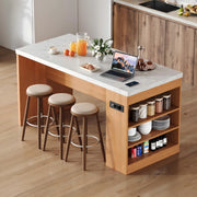 Isola cucina moderna 155x80x90 cm con LED, prese AC+USB, piano spesso 40 mm, MDF naturale/bianco