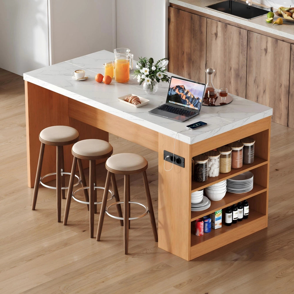Isola cucina moderna 155x80x90 cm con LED, prese AC+USB, piano spesso 40 mm, MDF naturale/bianco