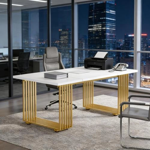 Scrivania da ufficio con piano ampio per 6-8 persone per studio e sala da pranzo in metallo e legno bianco e oro