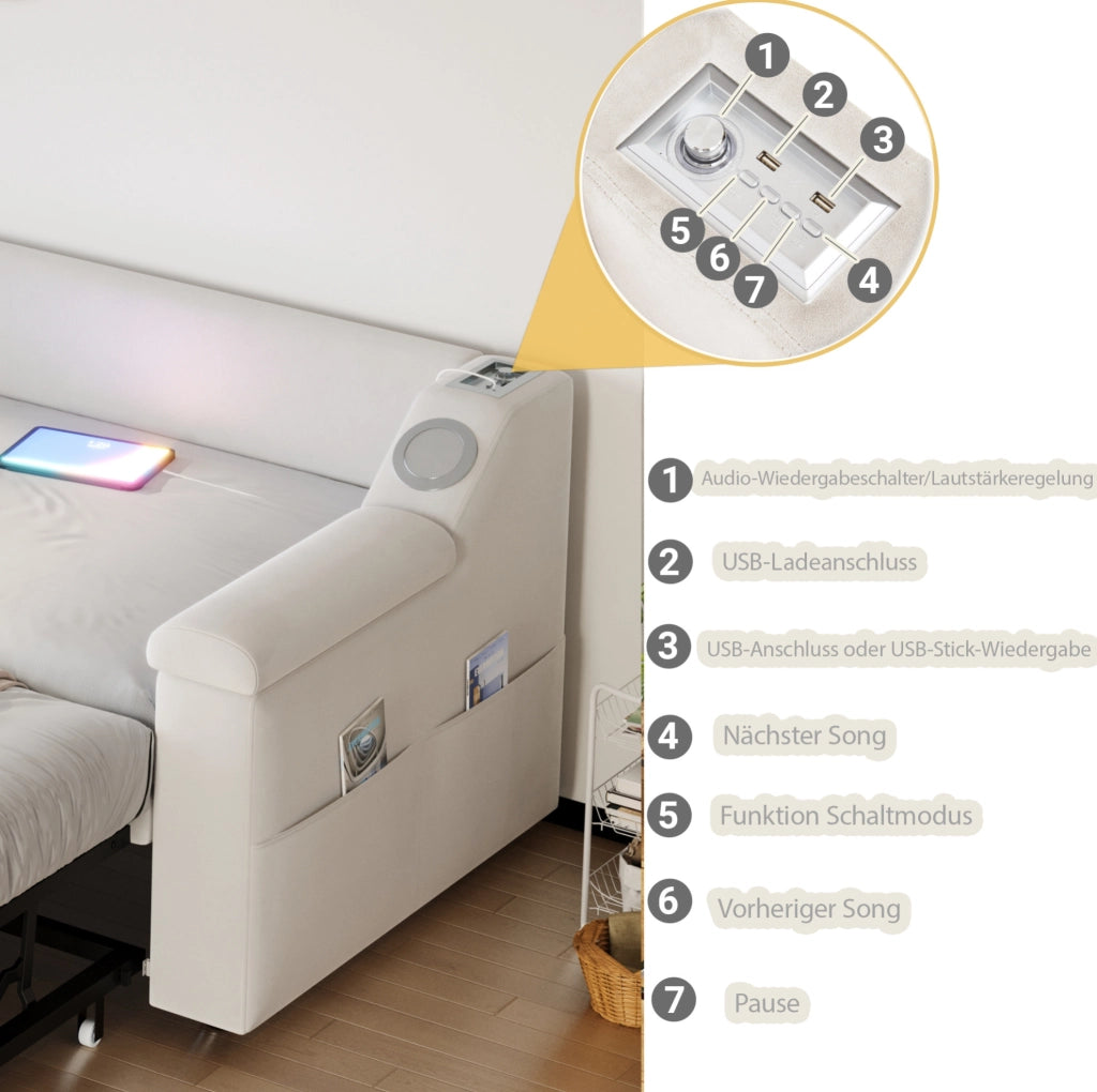 Divano letto imbottito 90/180x190 cm beige con Bluetooth e USB