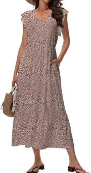 Vestito da Giorno con Collo V con Disegno di Fiori - Stile Casual Midi - Con Borse - Comodo/Respirabile - Effetto Figurato - Design Elegante - Maxi Vestito