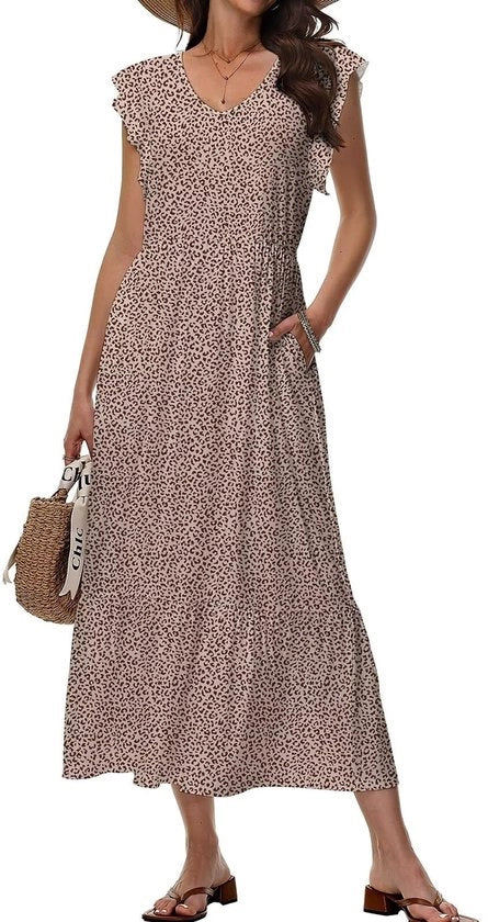 Vestito da Giorno con Collo V con Disegno di Fiori - Stile Casual Midi - Con Borse - Comodo/Respirabile - Effetto Figurato - Design Elegante - Maxi Vestito