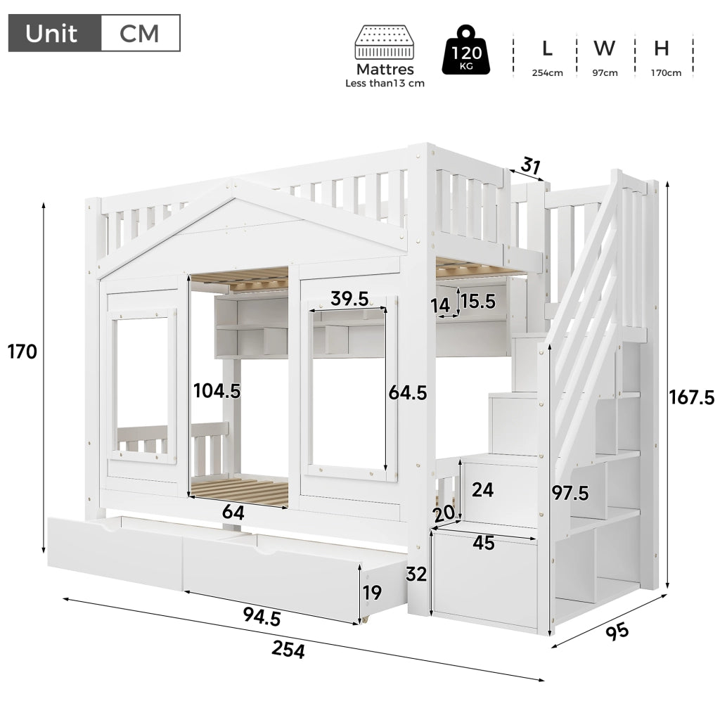 Letto a soppalco per bambini 90x200 cm con scala contenitore; finestra decorativa; parapetto; legno massello; bianco