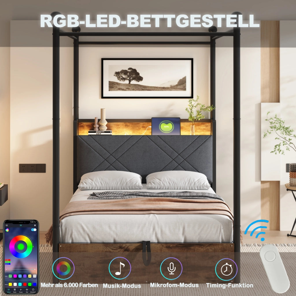 OKWISH Letto Singolo 90×190 cm con LED Regolabile, USB, Tipo-C e 2 Cassetti, senza Materasso, in Metallo, Nero