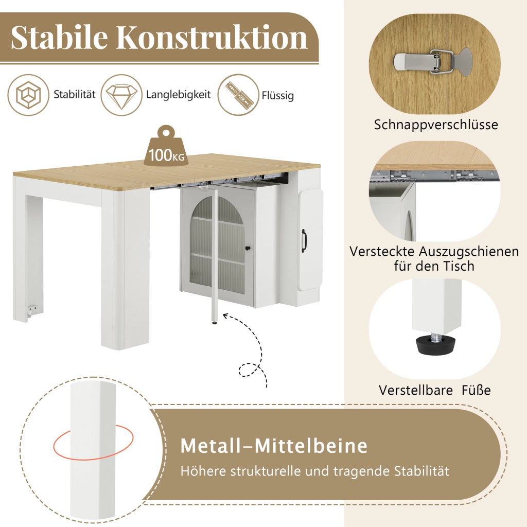 Tavolo da pranzo - isola cucina su ruote - piano estraibile e rimovibile - con prese - bianco - per cucina e sala