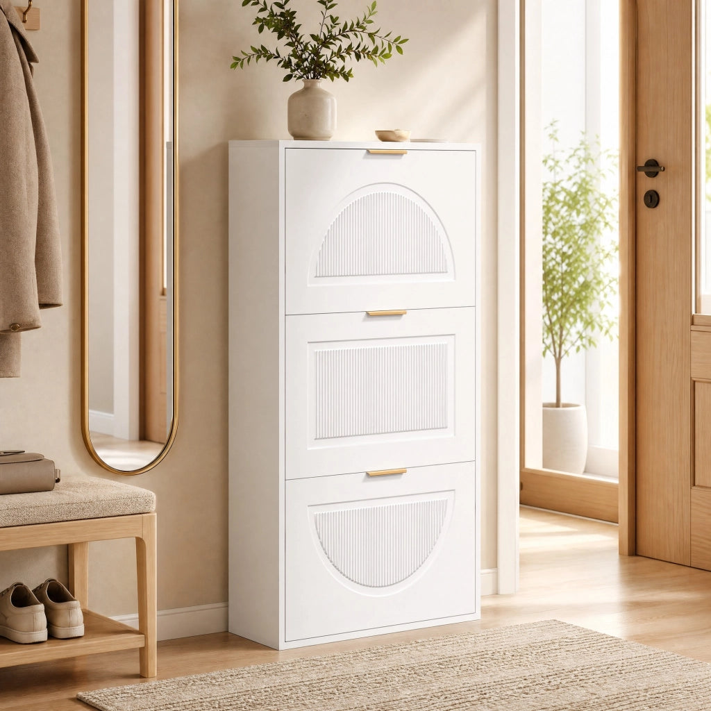 Scarpiera stretta con 3 ante ribaltabili, mobile portascarpe bianco in MDF e truciolare, 60 x 24 x 114 cm