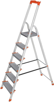 Scala Aluminium a 6 gradini con contenitore per attrezzi - Scala - Scala da lavoro - Scala da cucina - Con contenitore per attrezzi - Zaffiro/Arancione