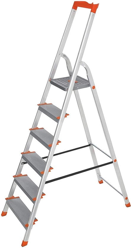 Scala Aluminium a 6 gradini con contenitore per attrezzi - Scala - Scala da lavoro - Scala da cucina - Con contenitore per attrezzi - Zaffiro/Arancione