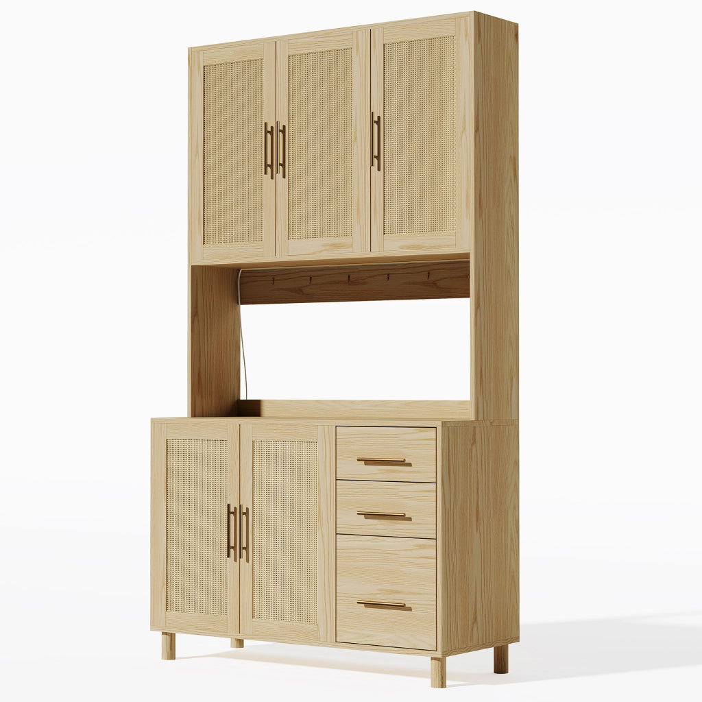 OKWISH Credenza da Cucina Alta con 5 Ante e 3 Cassetti, LED con Controllo tramite App, Prese e USB, Naturale