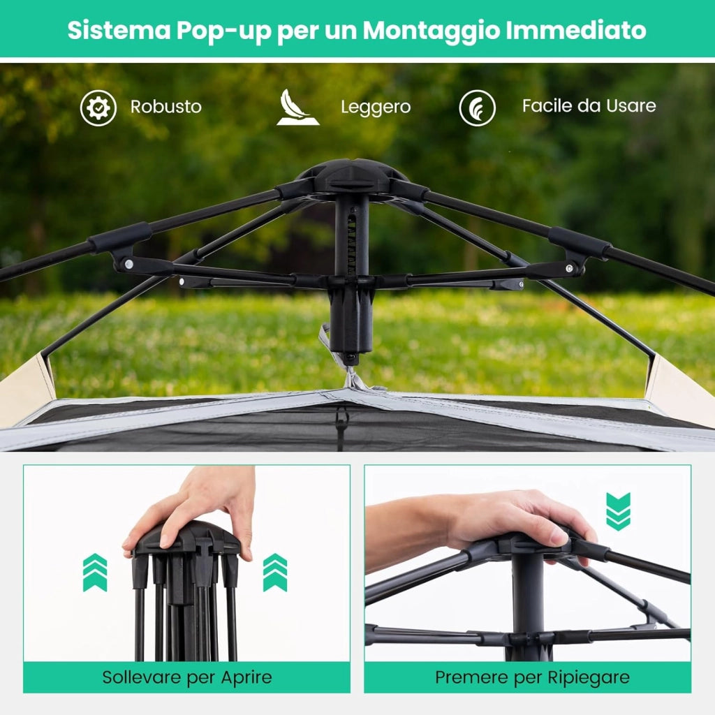 Tenda Campeggio Pop Up per 2-4 Persone, Tenda Istantanea Impermeabile con 2 Porte, Tetto Parasole Rimovibile e Finestre in Rete, Borsa da Trasporto, per Escursioni, Campeggio e Spiaggia